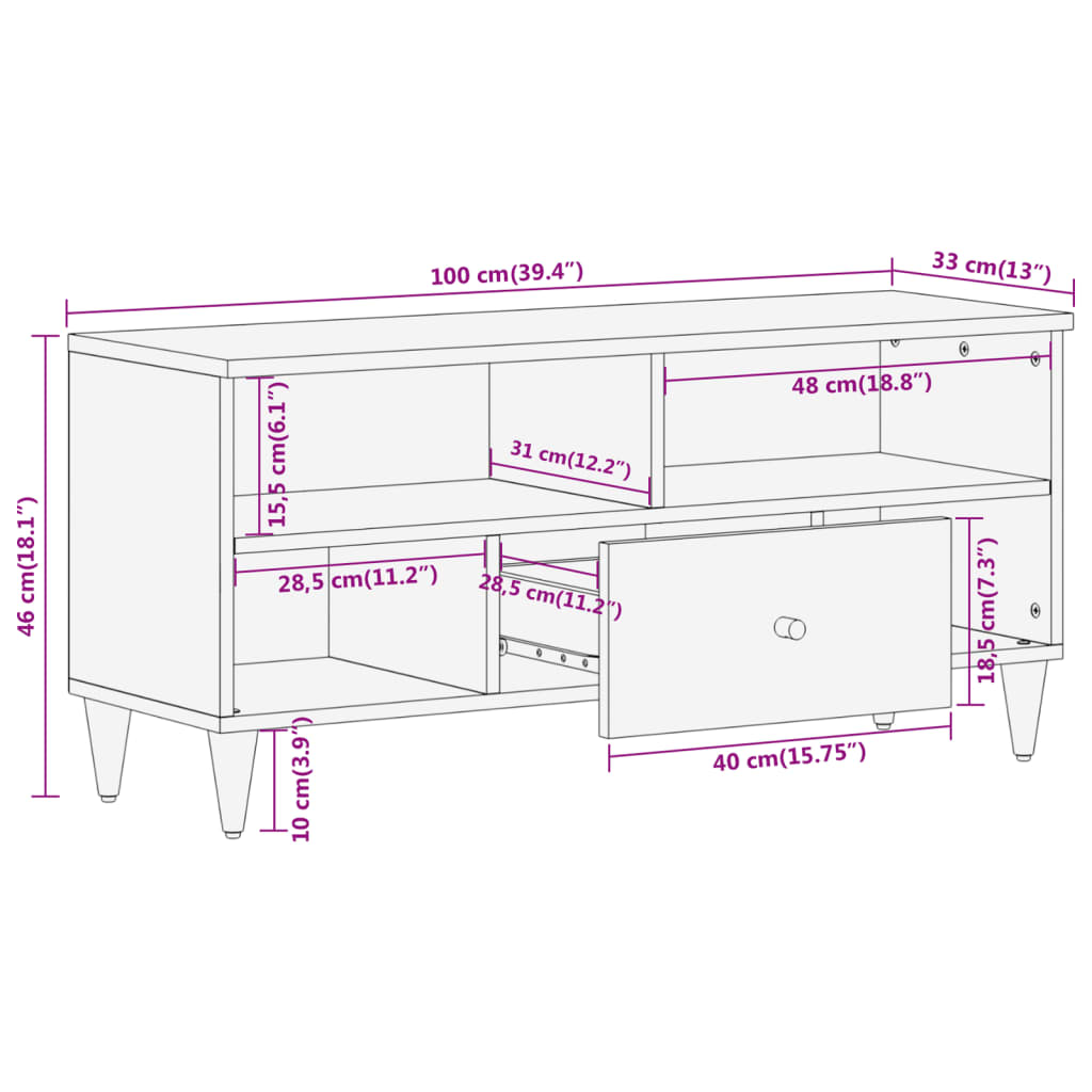 vidaXL TV Cabinet 100x33x46 cm Solid Wood Mango