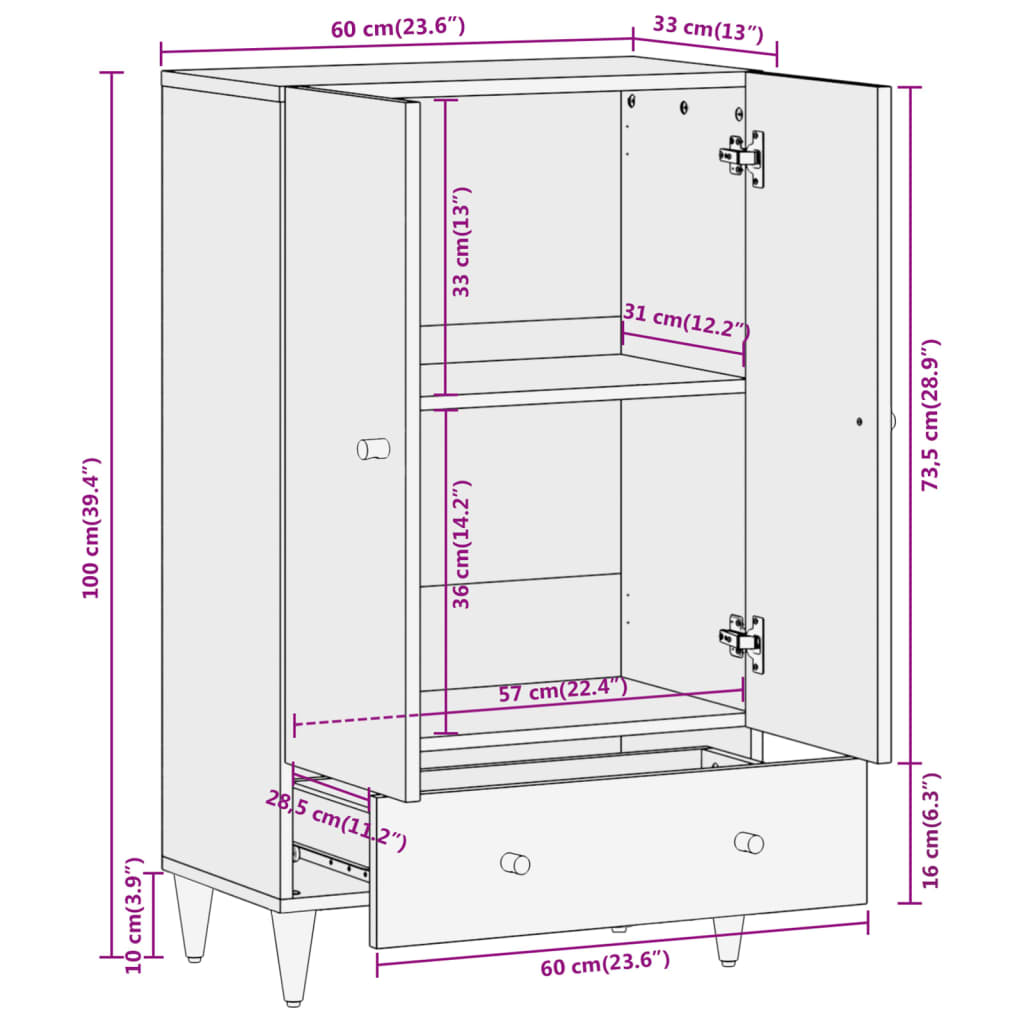 vidaXL Highboard 60x33x100 cm Solid Wood Mango