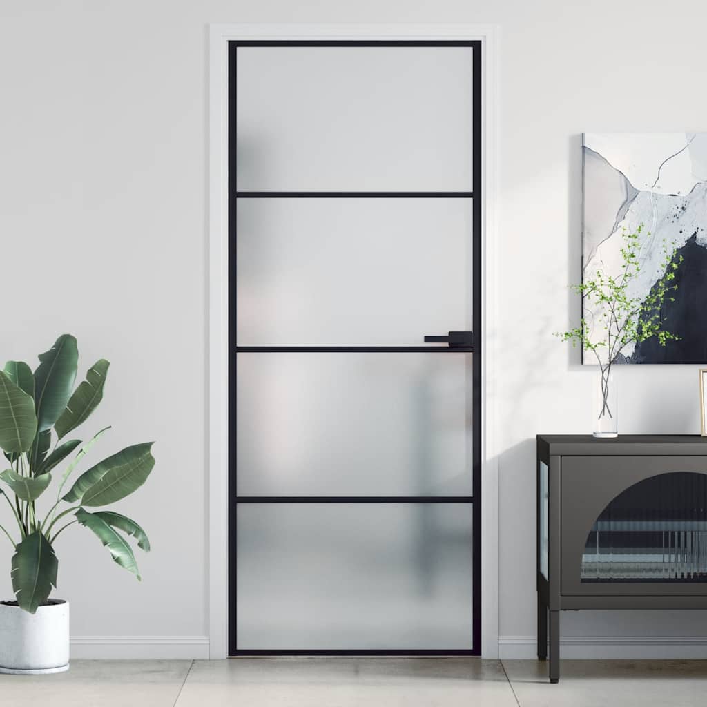 vidaXL Interior Door Slim Black 83x201.5 cm Tempered Glass and Aluminium