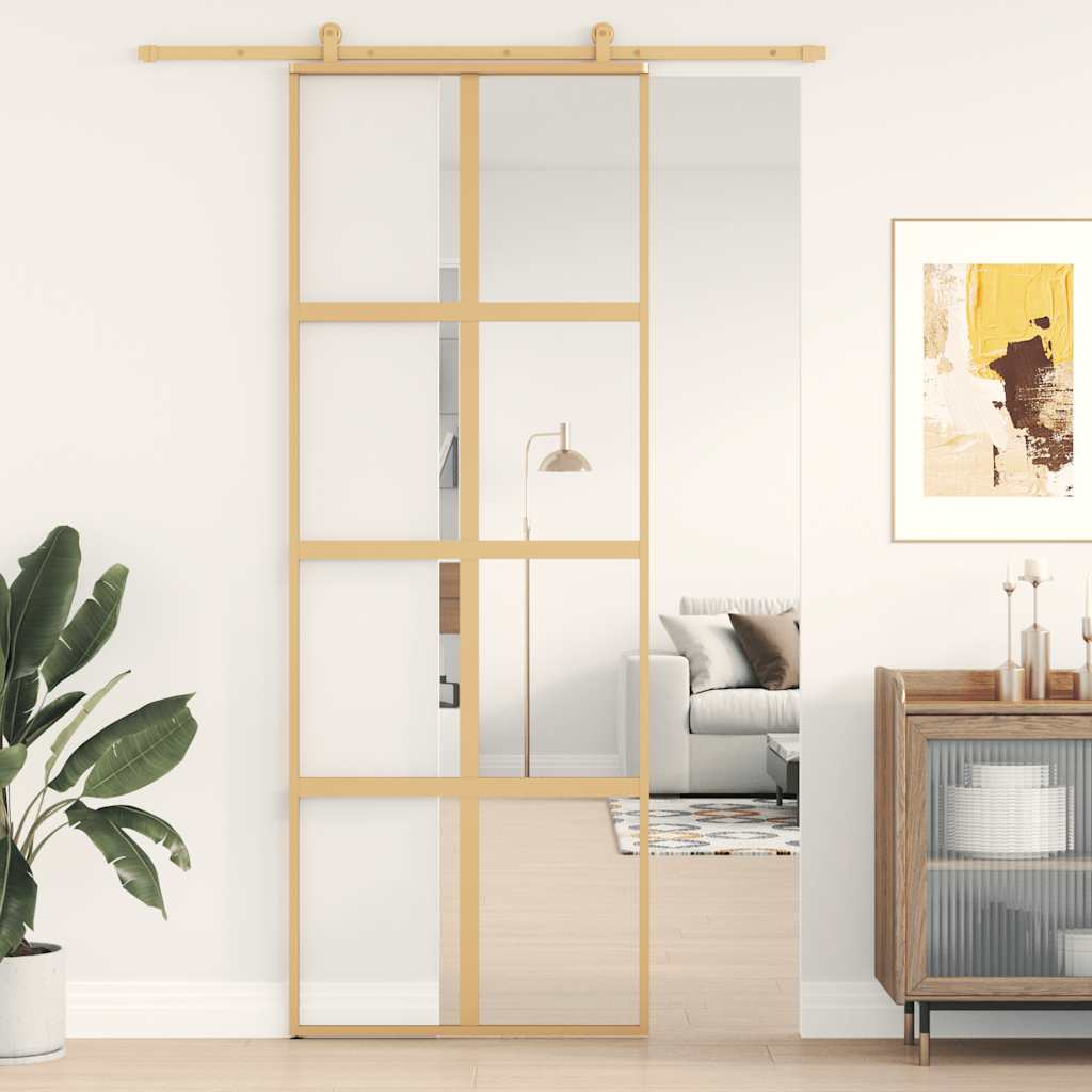 vidaXL Sliding Door Gold 76x205 cm Clear ESG Glass and Aluminium