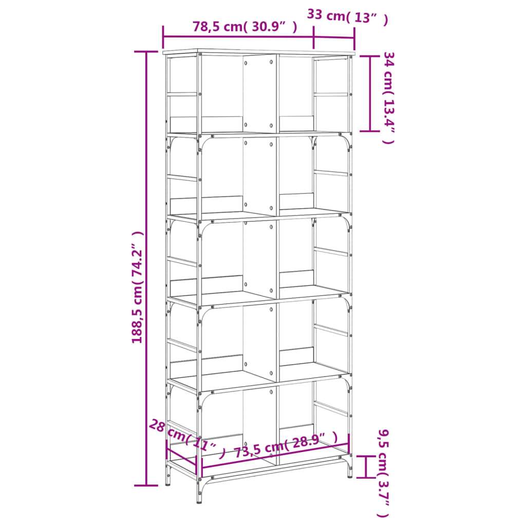 vidaXL Bookshelf Sonoma Oak 78.5x33x188.5 cm Engineered Wood