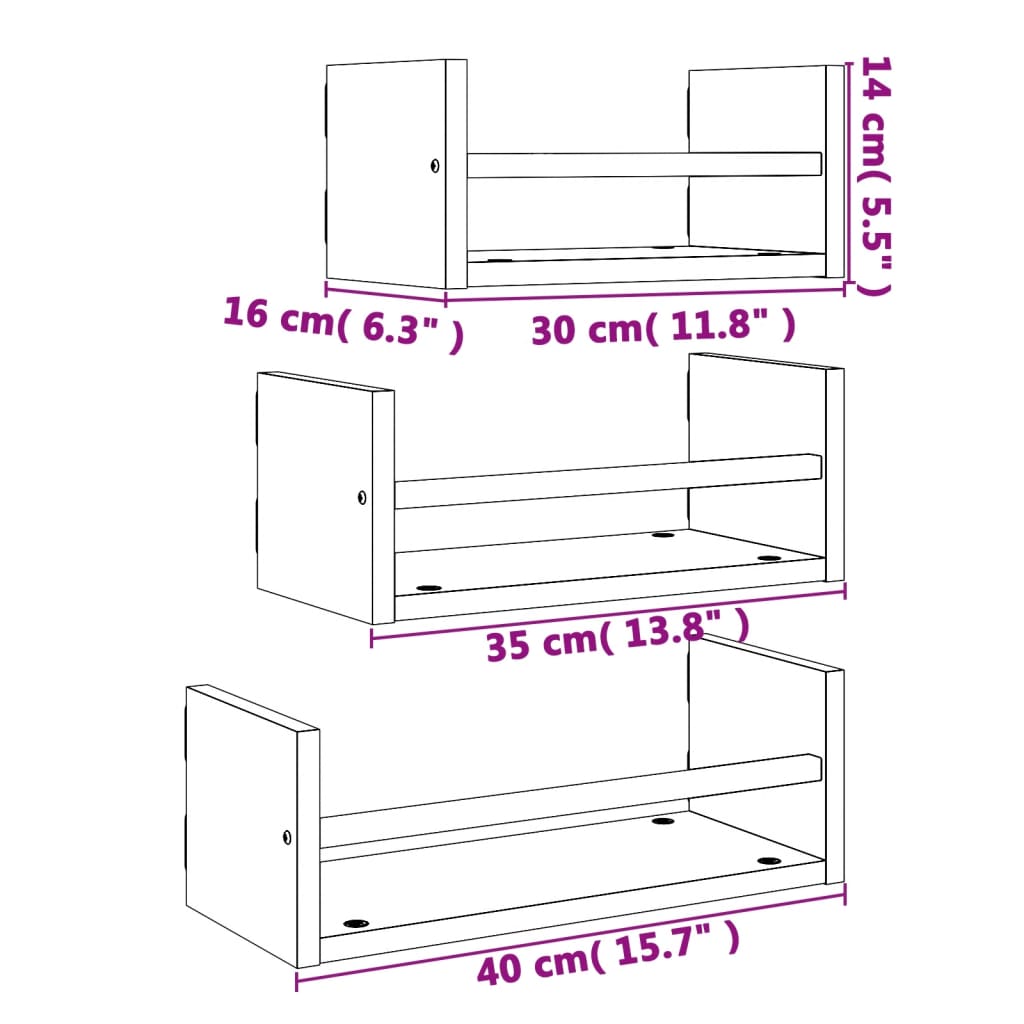 vidaXL 3 Piece Wall Shelf Set with Bars Smoked Oak Engineered wood
