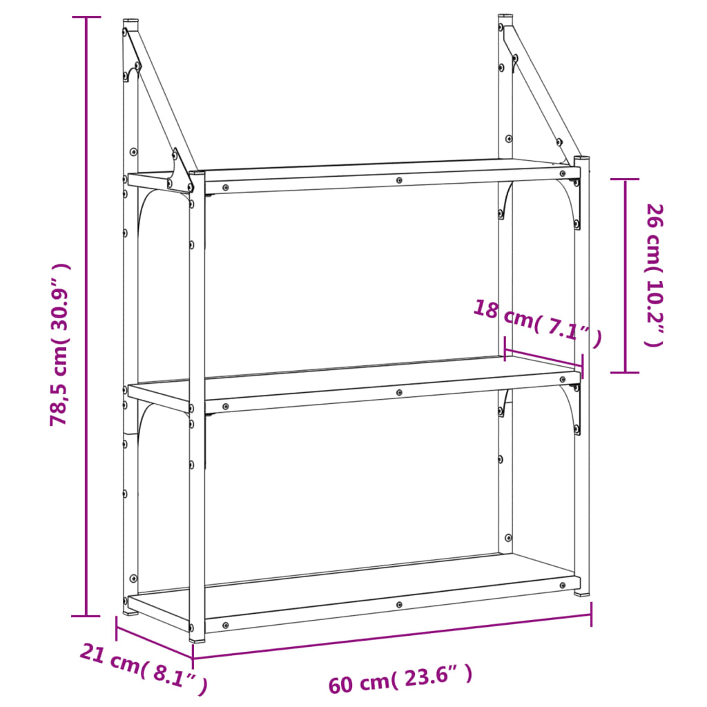 vidaXL 3-Tier Wall Shelf Smoked Oak 60x21x78.5 cm Engineered Wood