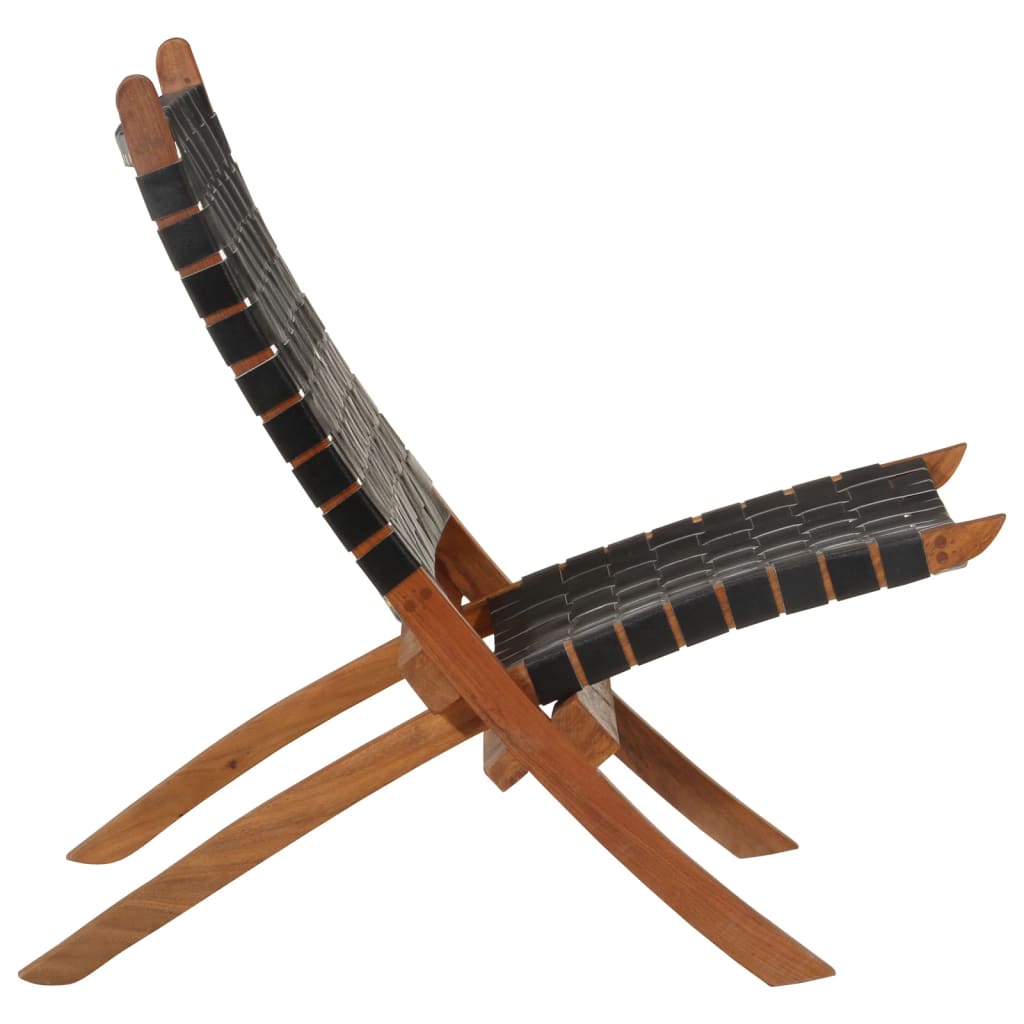 vidaXL Folding Relaxing Chair Black Real Leather