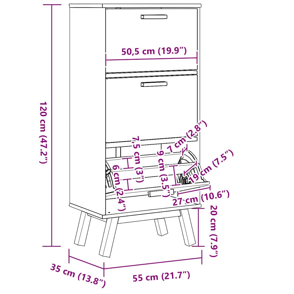 vidaXL Shoe Cabinet OLDEN Grey and Brown 55x35x120cm Solid Wood Pine