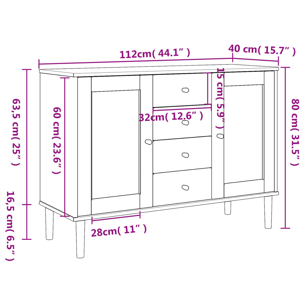vidaXL Sideboard SENJA Rattan Look Black 112x40x80 cm Solid Wood Pine