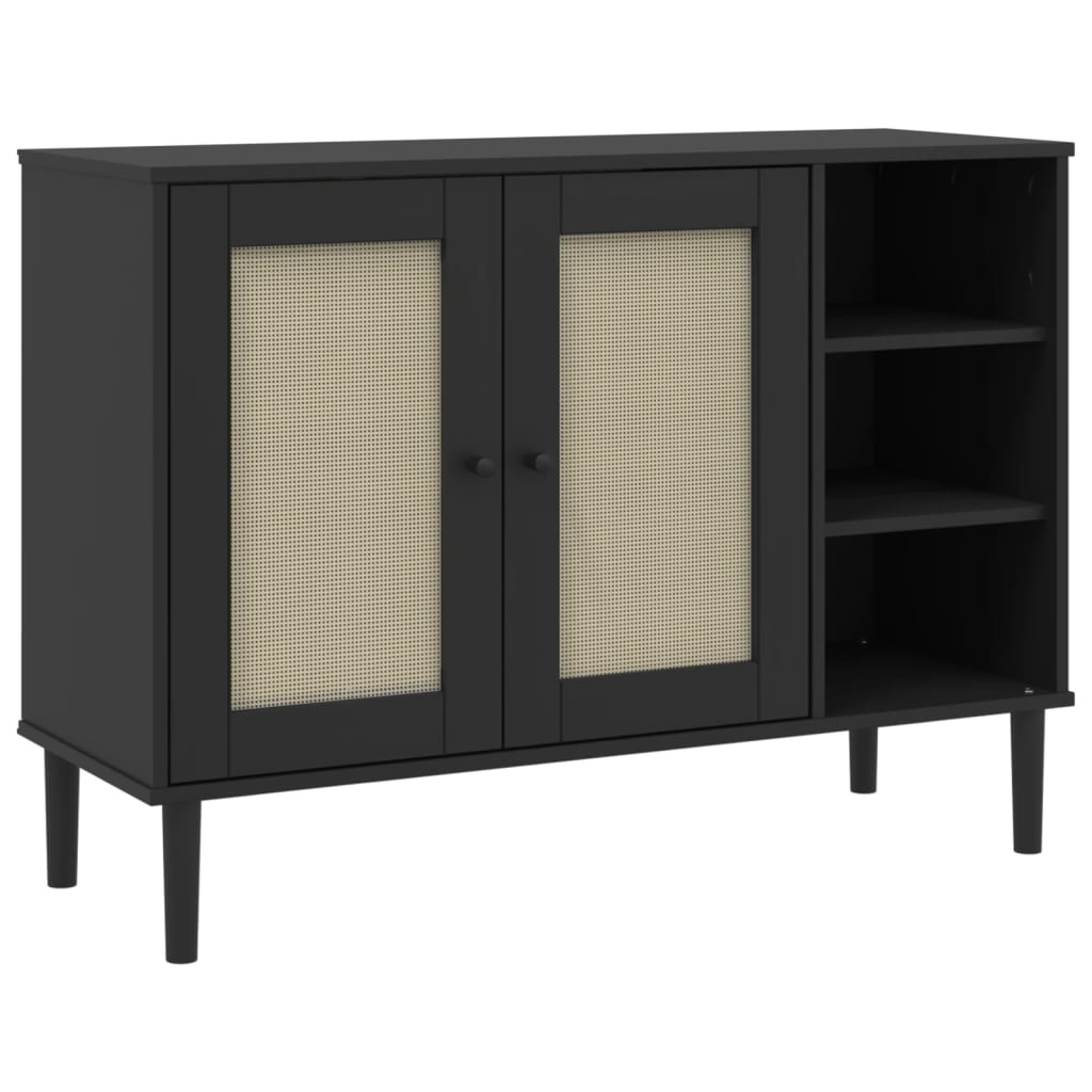 vidaXL Sideboard | Black | Solid pine wood, Engineered wood, Poly rattan | Large