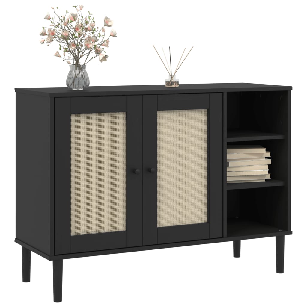 vidaXL Sideboard | Black | Solid pine wood, Engineered wood, Poly rattan | Large