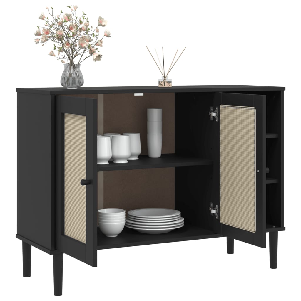 vidaXL Sideboard | Black | Solid pine wood, Engineered wood, Poly rattan | Large
