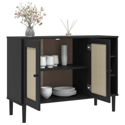 vidaXL Sideboard | Black | Solid pine wood, Engineered wood, Poly rattan | Large