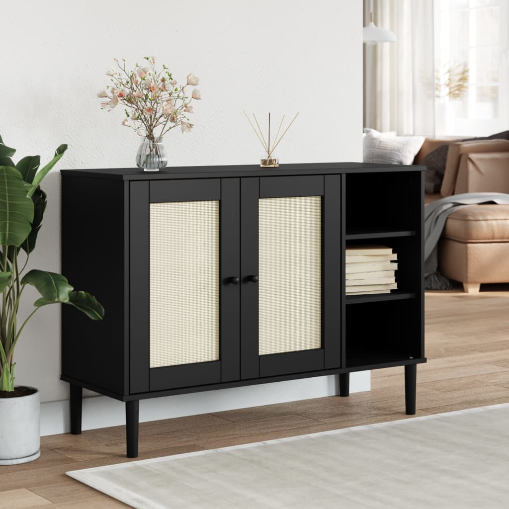 vidaXL Sideboard | Black | Solid pine wood, Engineered wood, Poly rattan | Large