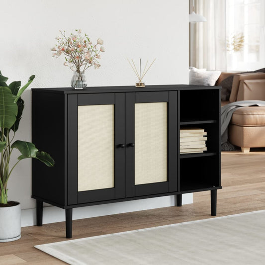 vidaXL Sideboard | Black | Solid pine wood, Engineered wood, Poly rattan | Large