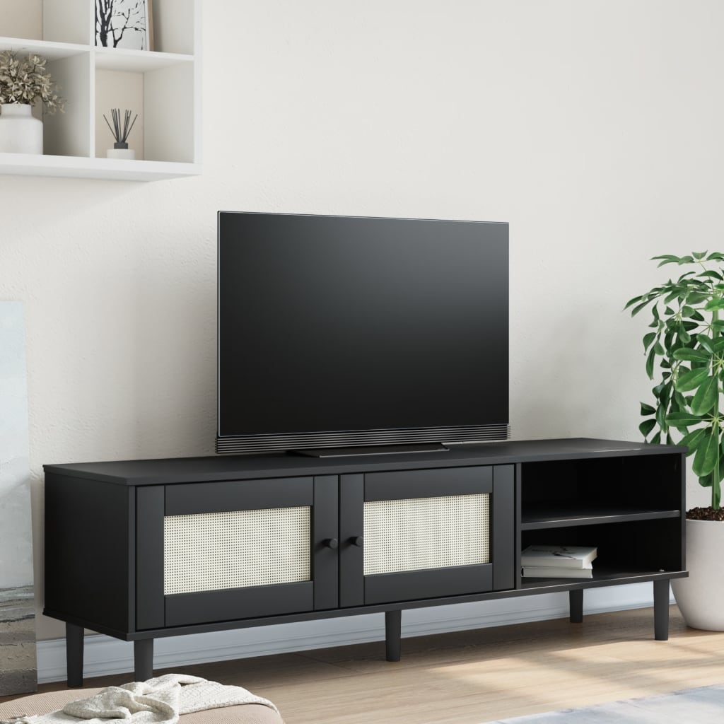 vidaXL TV Cabinet "SENJA" Rattan Look Black 158x40x49cm Solid Wood Pine