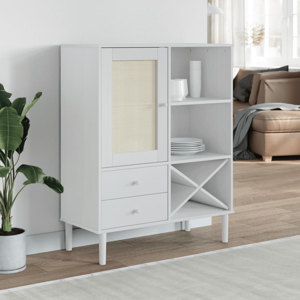vidaXL Highboard "SENJA" Rattan Look White 90x40x112cm Solid Wood Pine