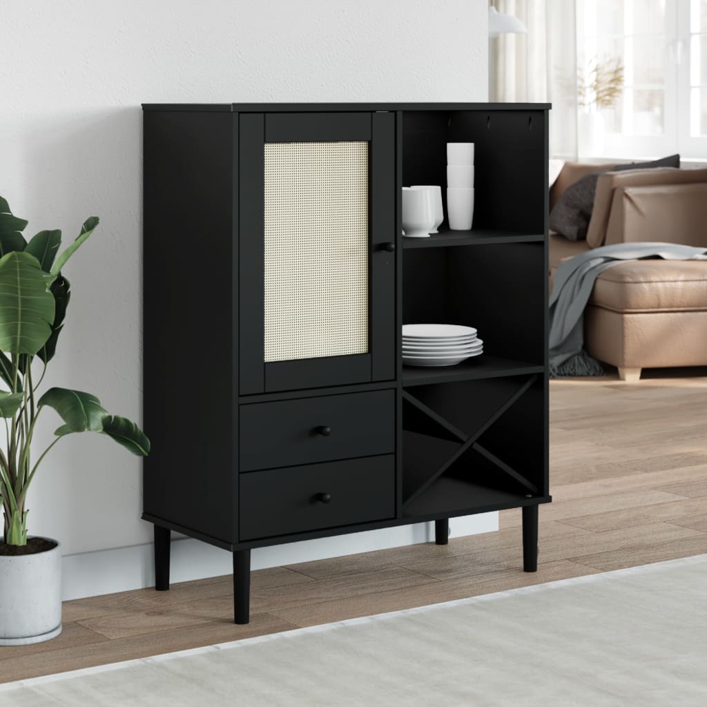 vidaXL Highboard "SENJA" Rattan Look Black 90x40x112cm Solid Wood Pine