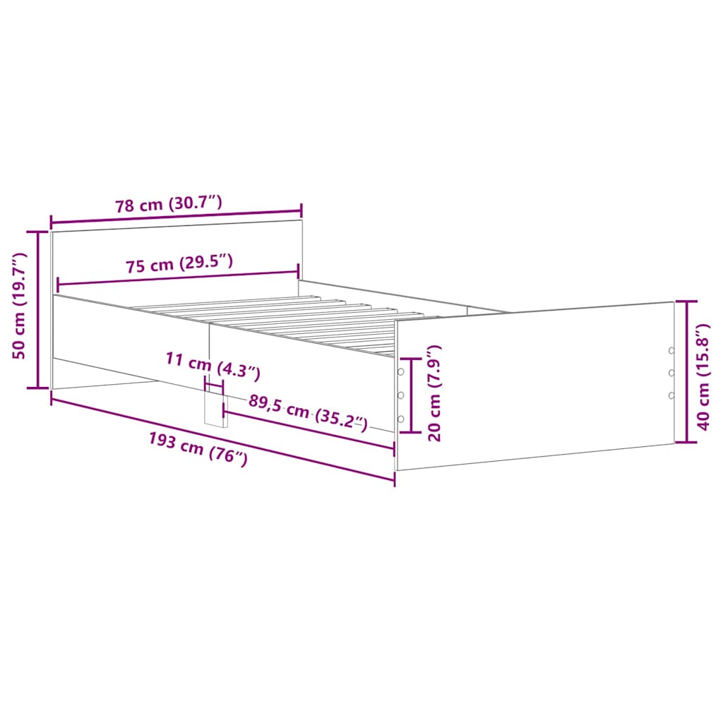 vidaXL Bed Frame without Mattress White 75x190 cm Engineered Wood