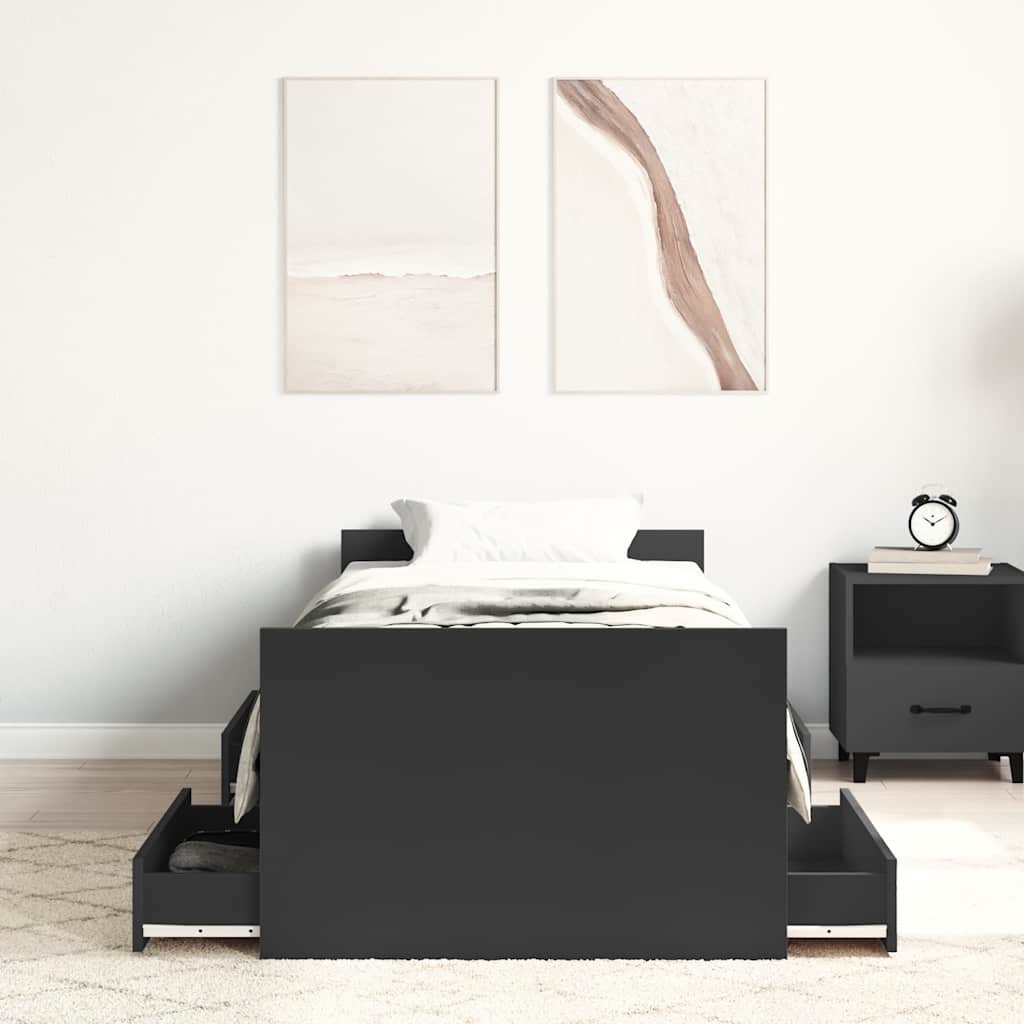 vidaXL Bed Frame | Black | Engineered wood, solid pinewood, plywood | Single