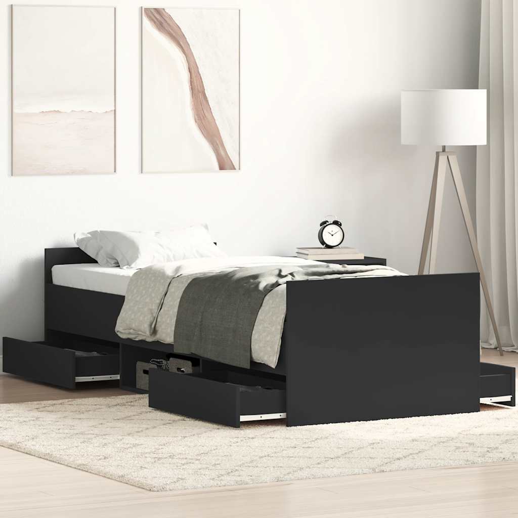 vidaXL Bed Frame | Black | Engineered wood, solid pinewood, plywood | Single
