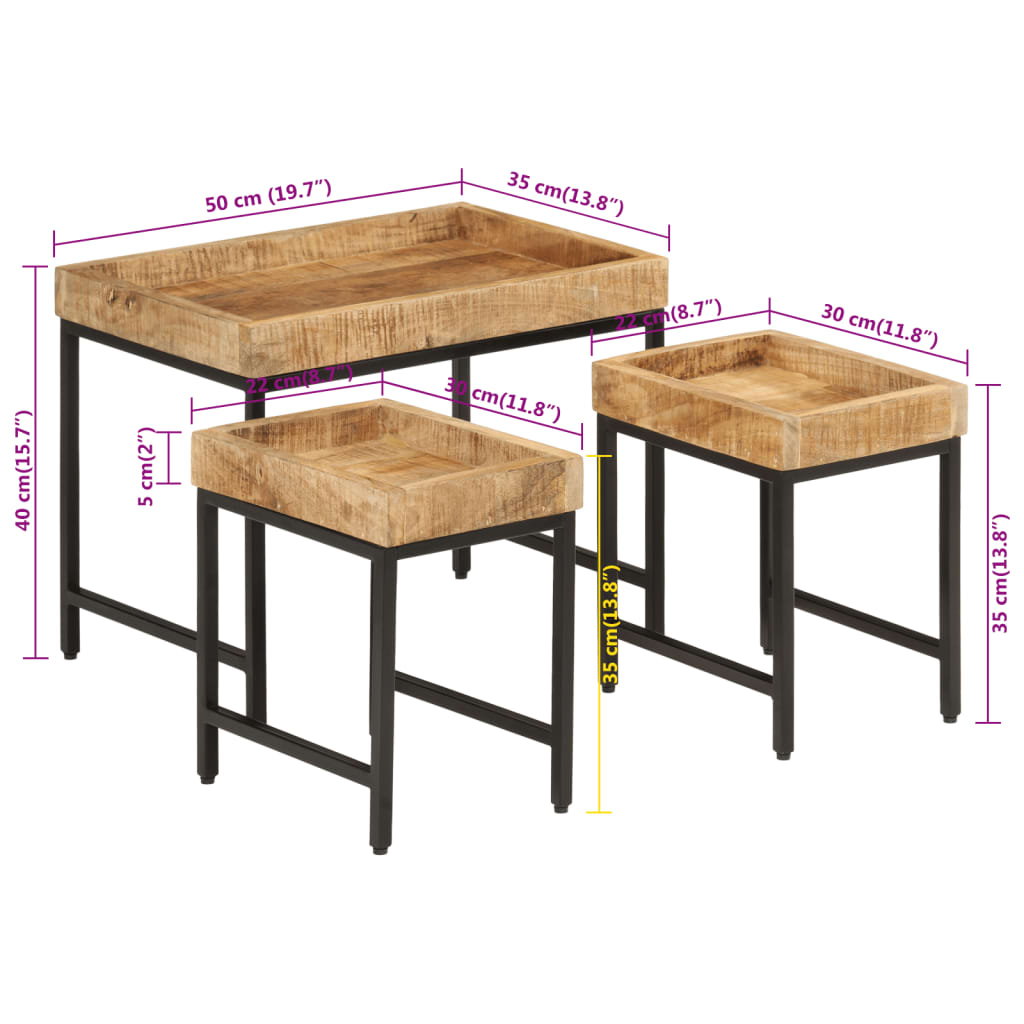 vidaXL Nesting Coffee Tables 3 pcs Solid Rough Mango Wood and Iron