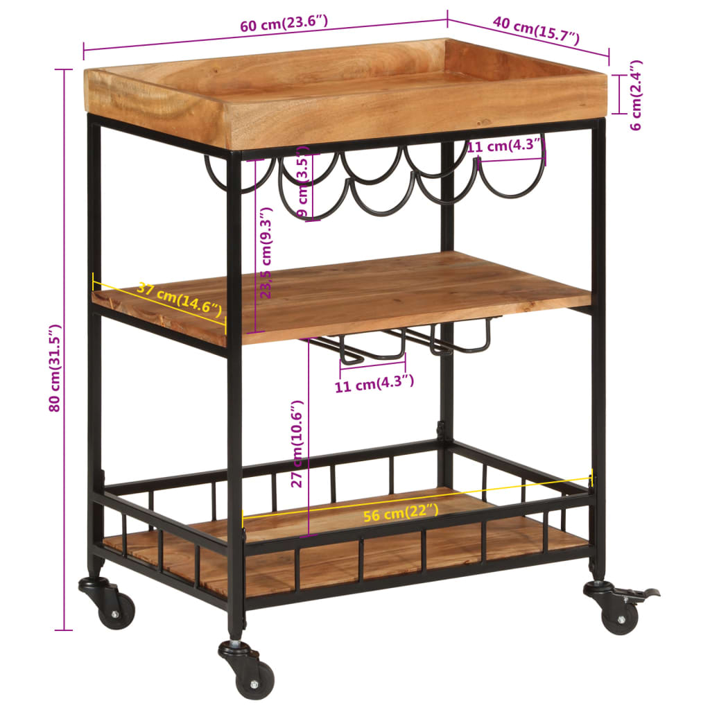 vidaXL Bar Cart 60x40x80 cm Solid Wood Acacia and Iron