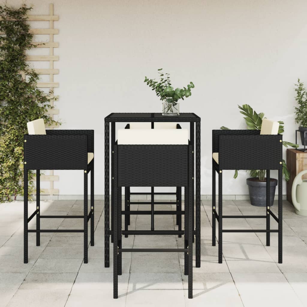 vidaXL 5 Piece Garden Bar Set with Cushions Black Poly Rattan