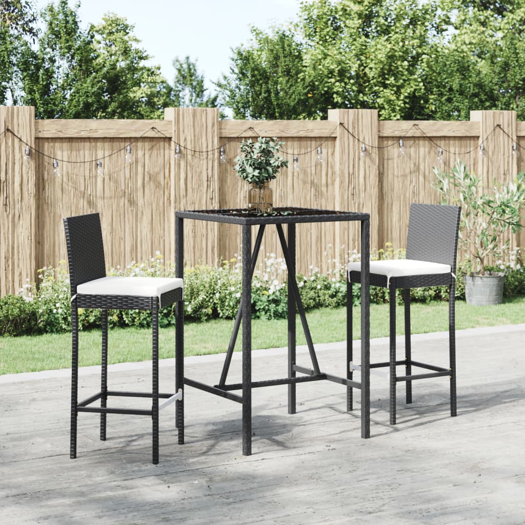 vidaXL 3 Piece Garden Bar Set with Cushions Black Poly Rattan