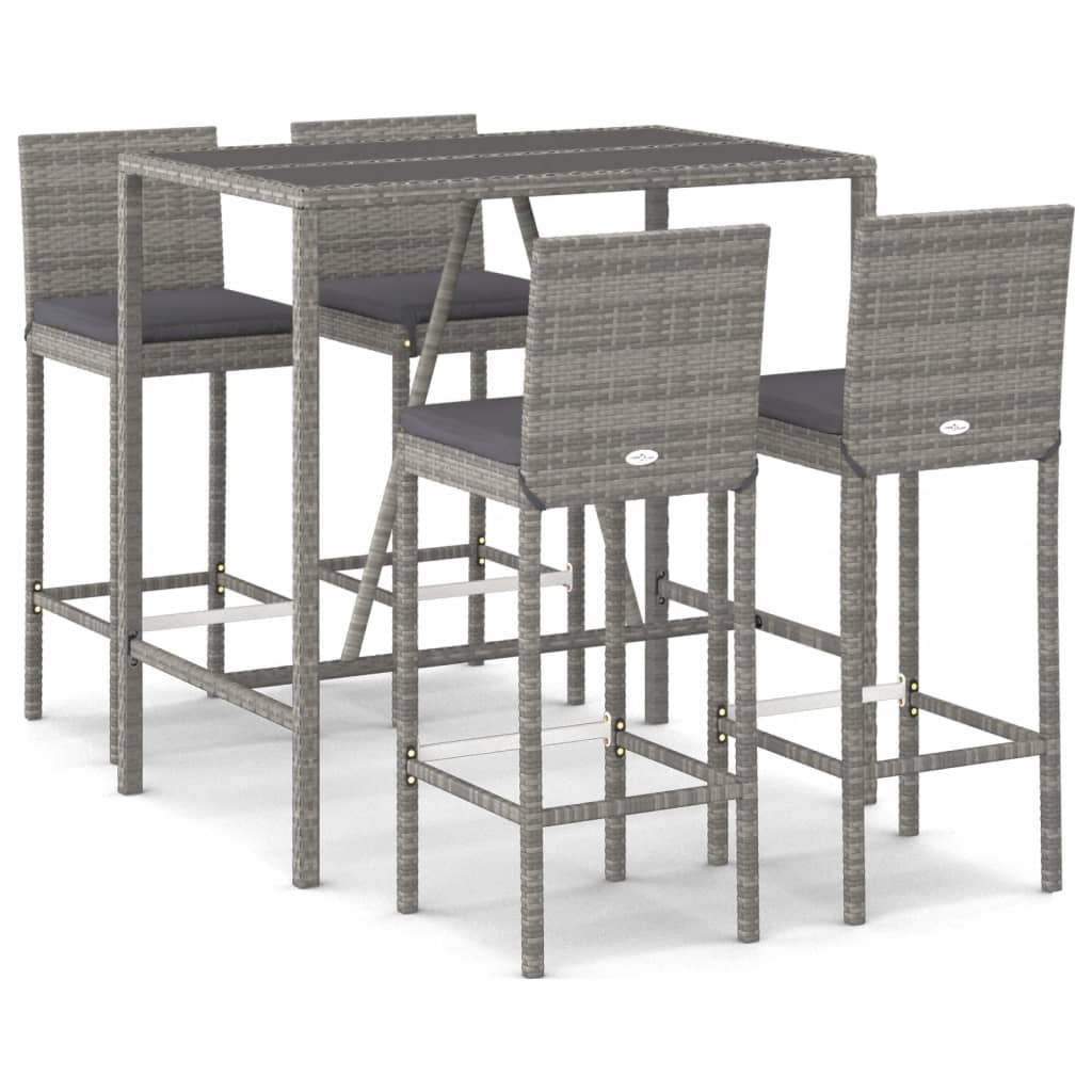 vidaXL 5 Piece Garden Bar Set with Cushions Grey Poly Rattan