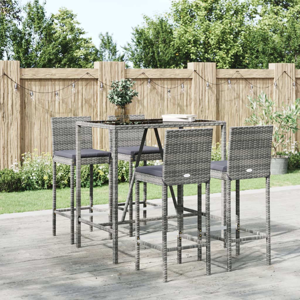 vidaXL 5 Piece Garden Bar Set with Cushions Grey Poly Rattan