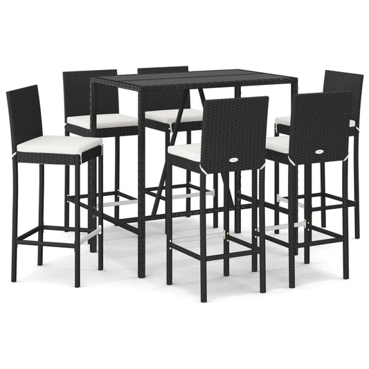 vidaXL 7 Piece Garden Bar Set with Cushions Black Poly Rattan