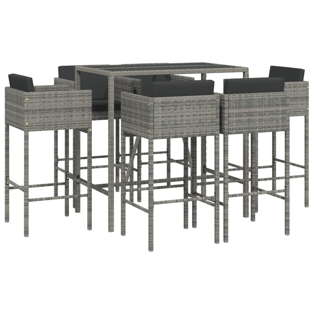 vidaXL 7 Piece Garden Bar Set with Cushions Grey Poly Rattan