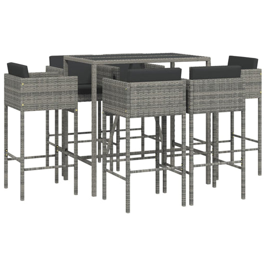 vidaXL 7 Piece Garden Bar Set with Cushions Grey Poly Rattan
