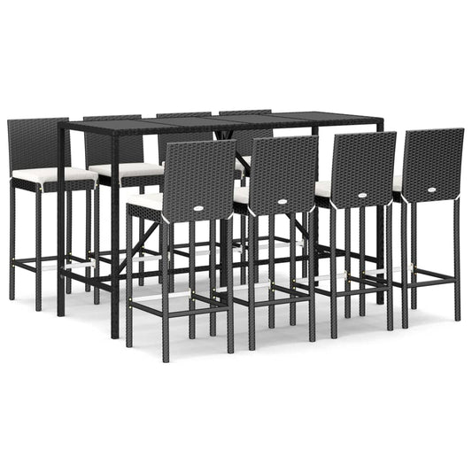 vidaXL 9 Piece Garden Bar Set with Cushions Black Poly Rattan