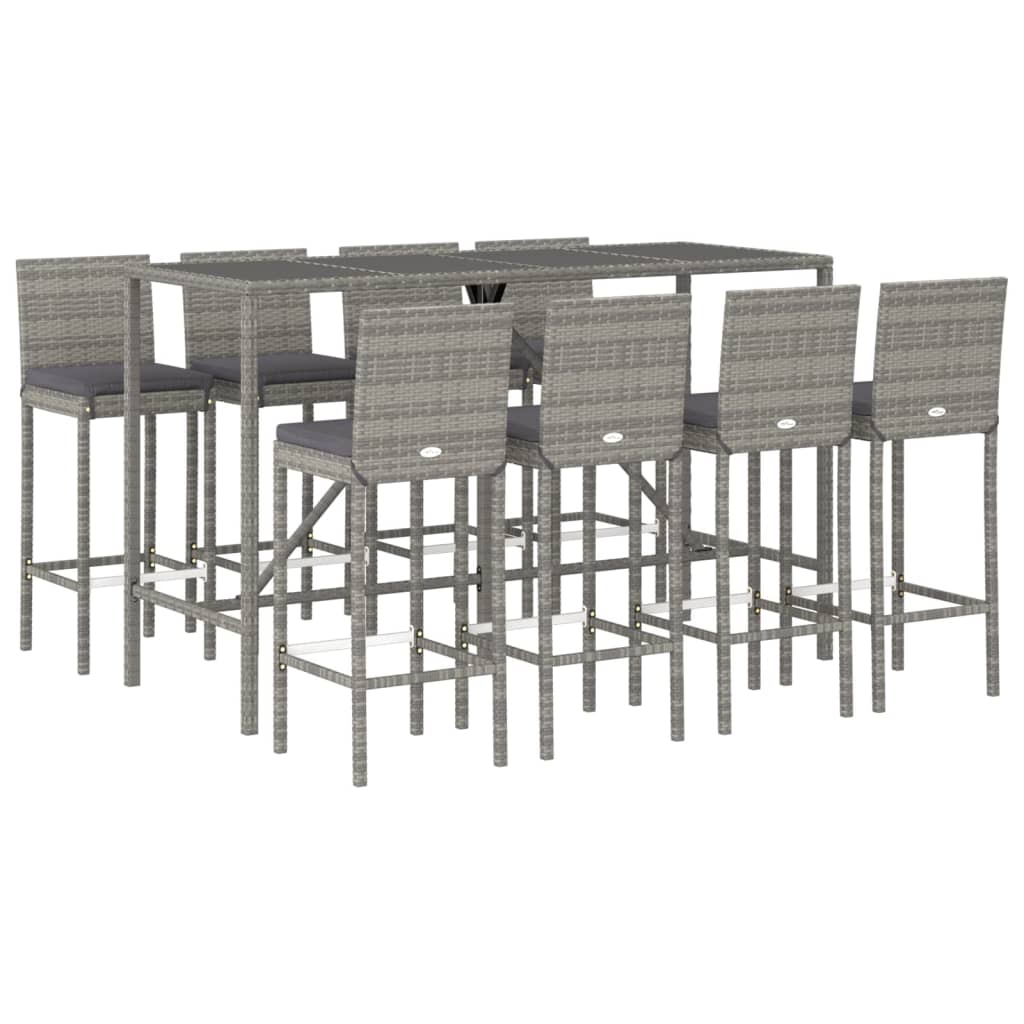 vidaXL 9 Piece Garden Bar Set with Cushions Grey Poly Rattan