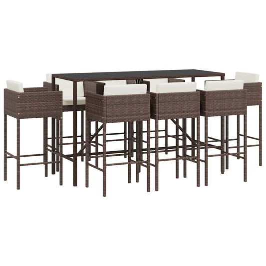 vidaXL 9 Piece Garden Bar Set with Cushions Brown Poly Rattan