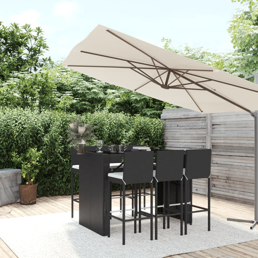 vidaXL 7 Piece Garden Bar Set with Cushions Black Poly Rattan