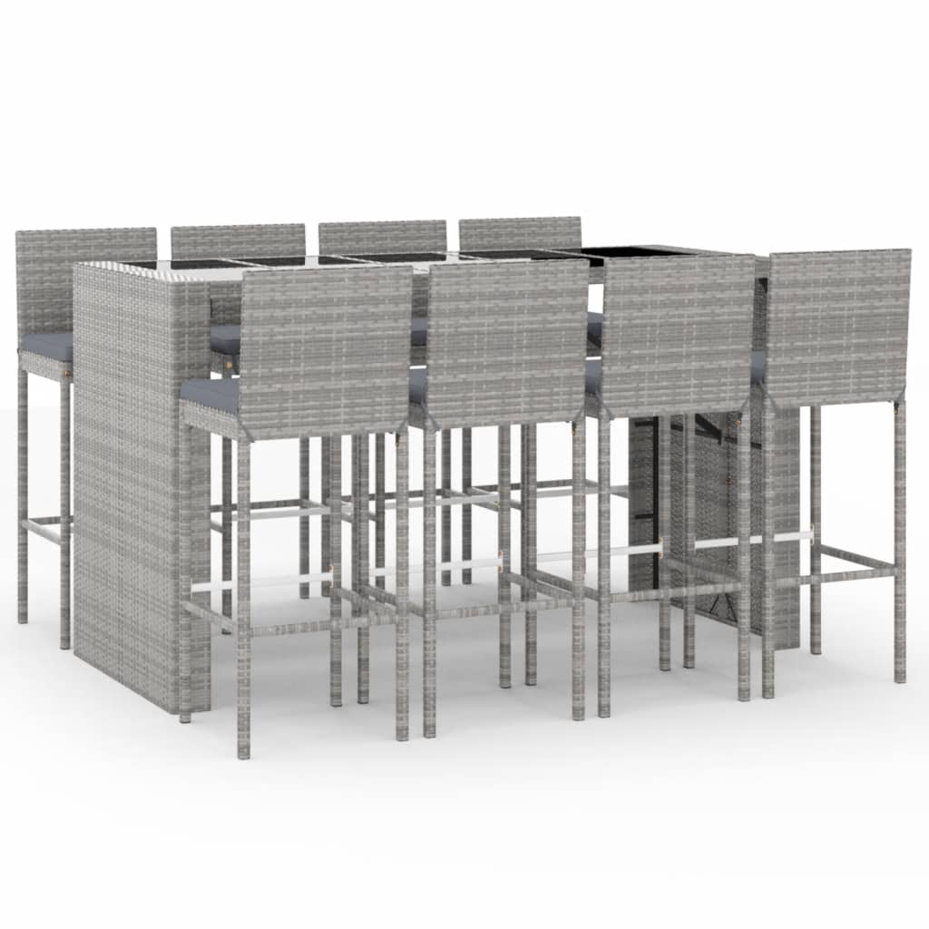 vidaXL 9 Piece Garden Bar Set with Cushions Grey Poly Rattan