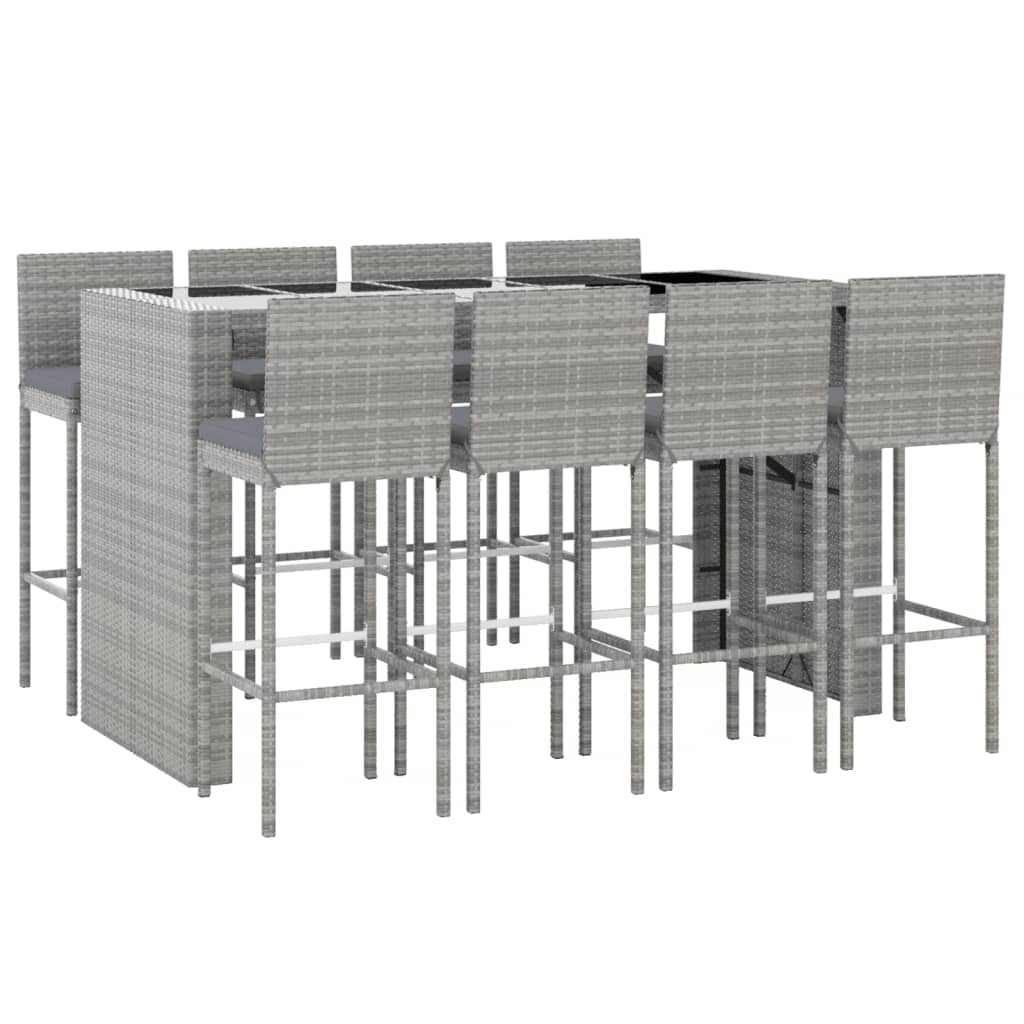 vidaXL 9 Piece Garden Bar Set with Cushions Grey Poly Rattan