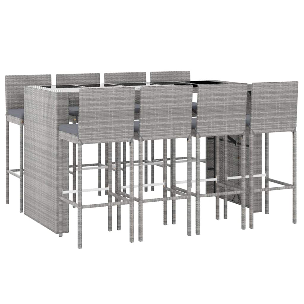 vidaXL 9 Piece Garden Bar Set with Cushions Grey Poly Rattan