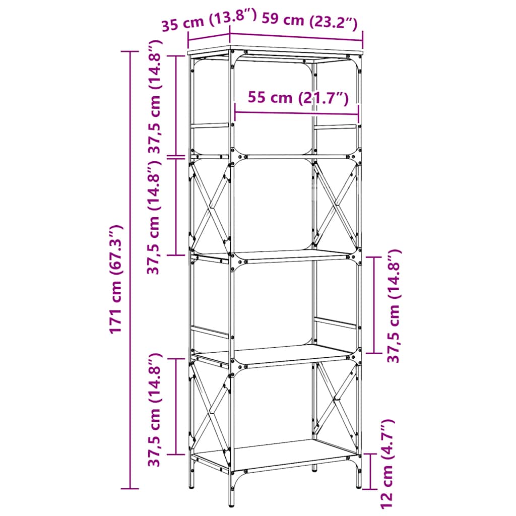 vidaXL Bookcase 5-Tier Grey Sonoma 59x35x171 cm Engineered Wood