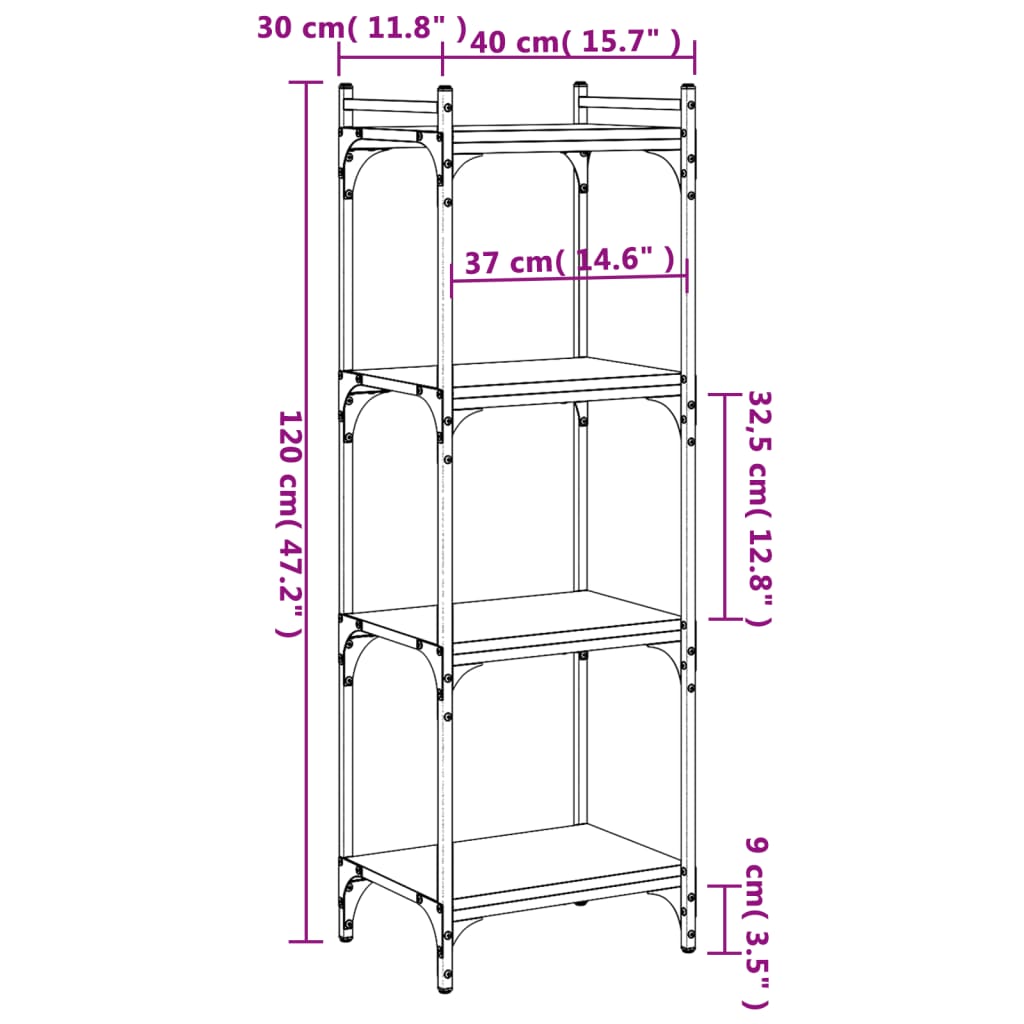 vidaXL Bookcase 4-Tier Grey Sonoma 40x30x120 cm Engineered Wood