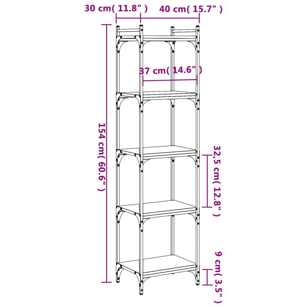 vidaXL Bookcase 5-Tier Black 40x30x154 cm Engineered Wood