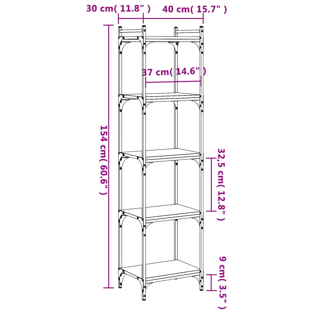 vidaXL Bookcase 5-Tier Grey Sonoma 40x30x154 cm Engineered Wood