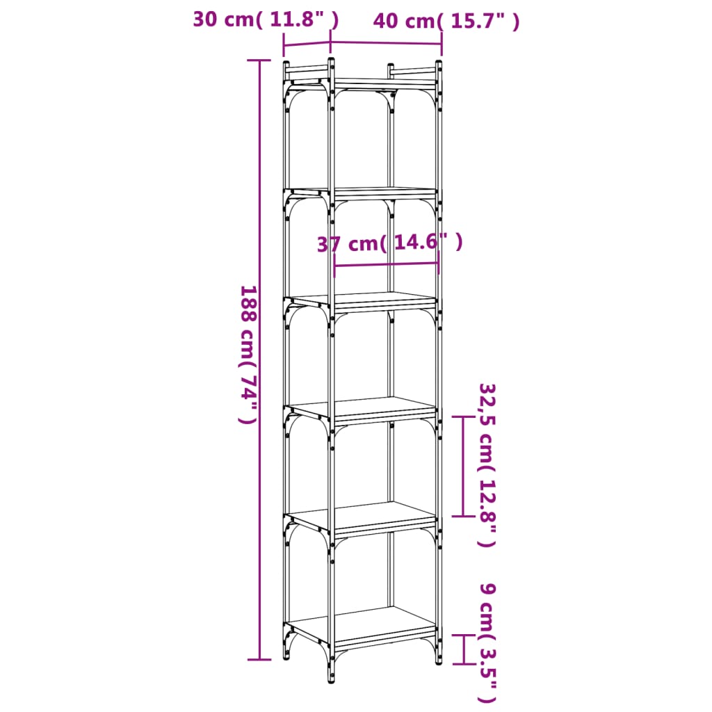 vidaXL Bookcase 6-Tier Smoked Oak 40x30x188 cm Engineered Wood