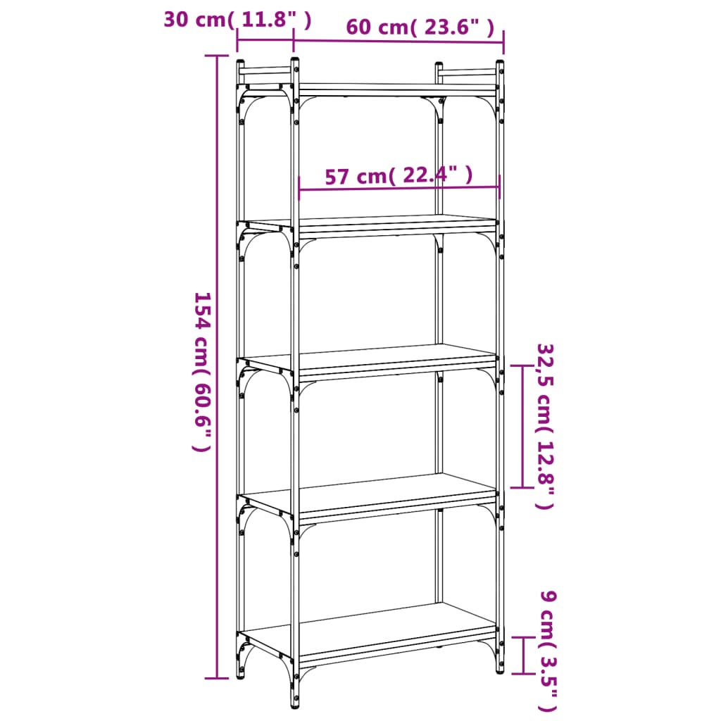 vidaXL Bookcase 5-Tier Grey Sonoma 60x30x154 cm Engineered Wood