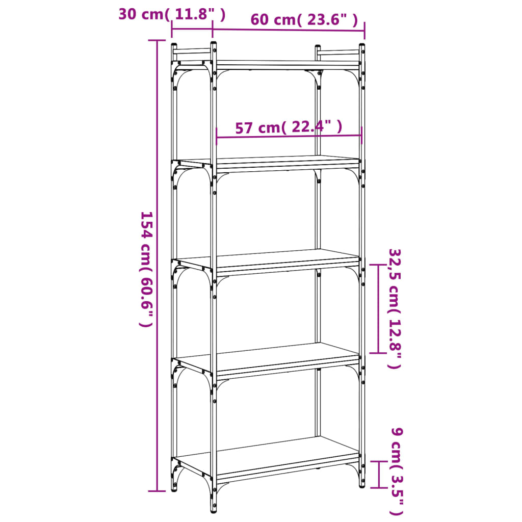 vidaXL Bookcase 5-Tier Brown Oak 60x30x154 cm Engineered Wood