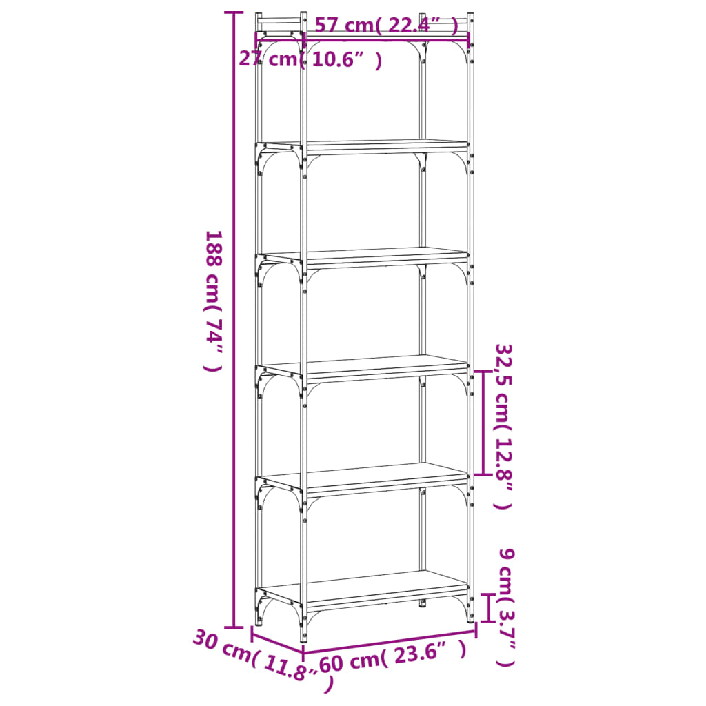 vidaXL Bookcase 6-Tier Black 60x30x188 cm Engineered Wood