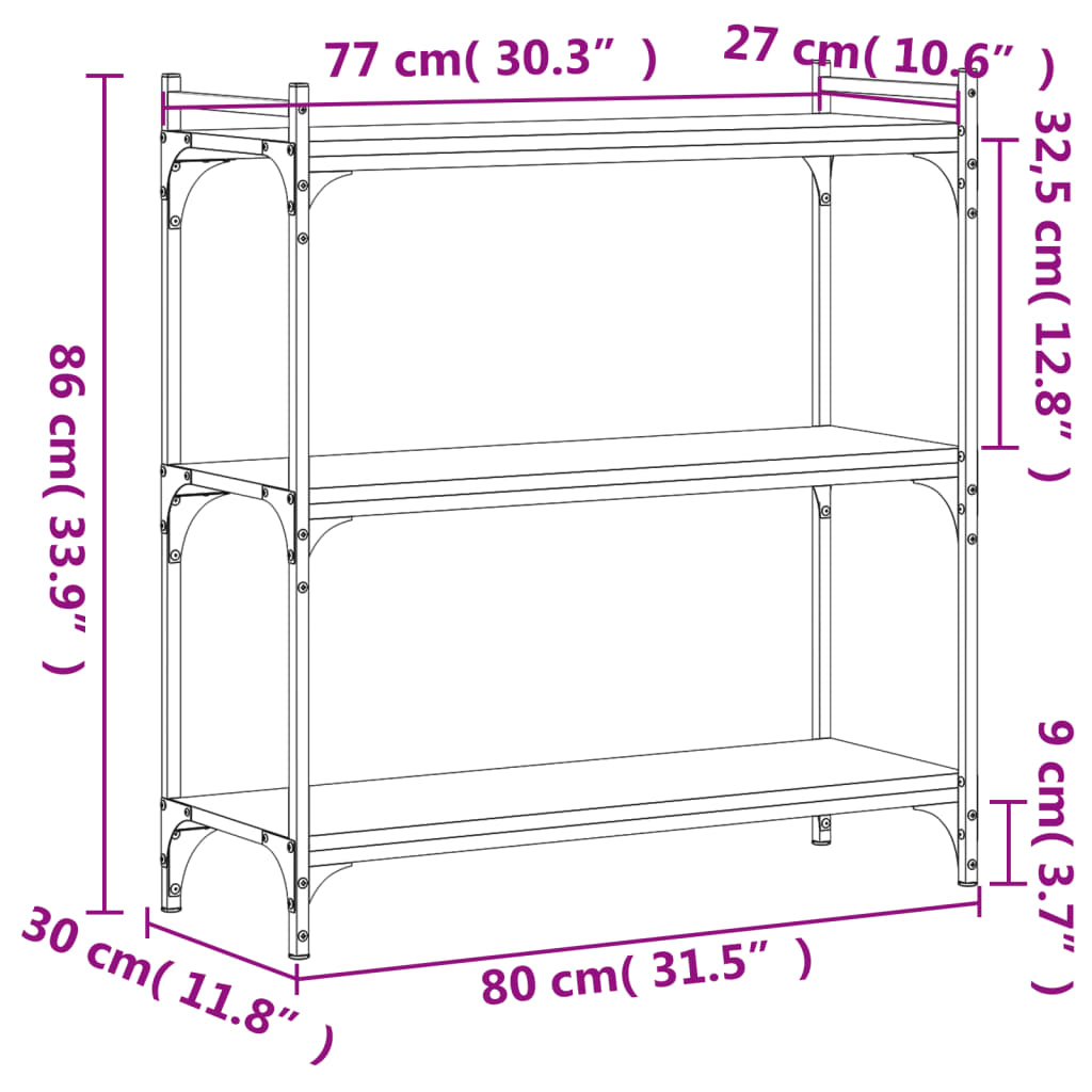 vidaXL Bookcase 3-Tier Grey Sonoma 80x30x86 cm Engineered Wood