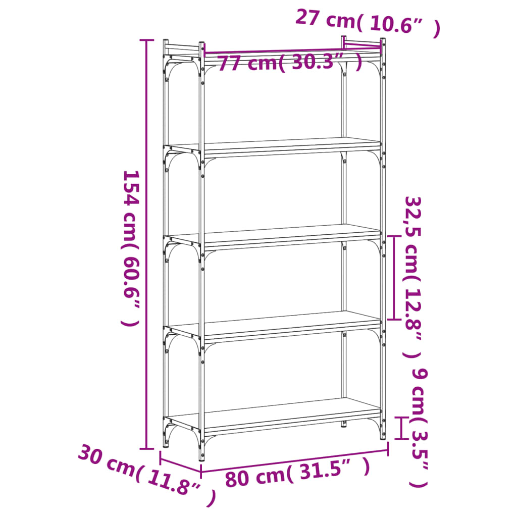 vidaXL Bookcase 5-Tier Grey Sonoma 80x30x154 cm Engineered Wood