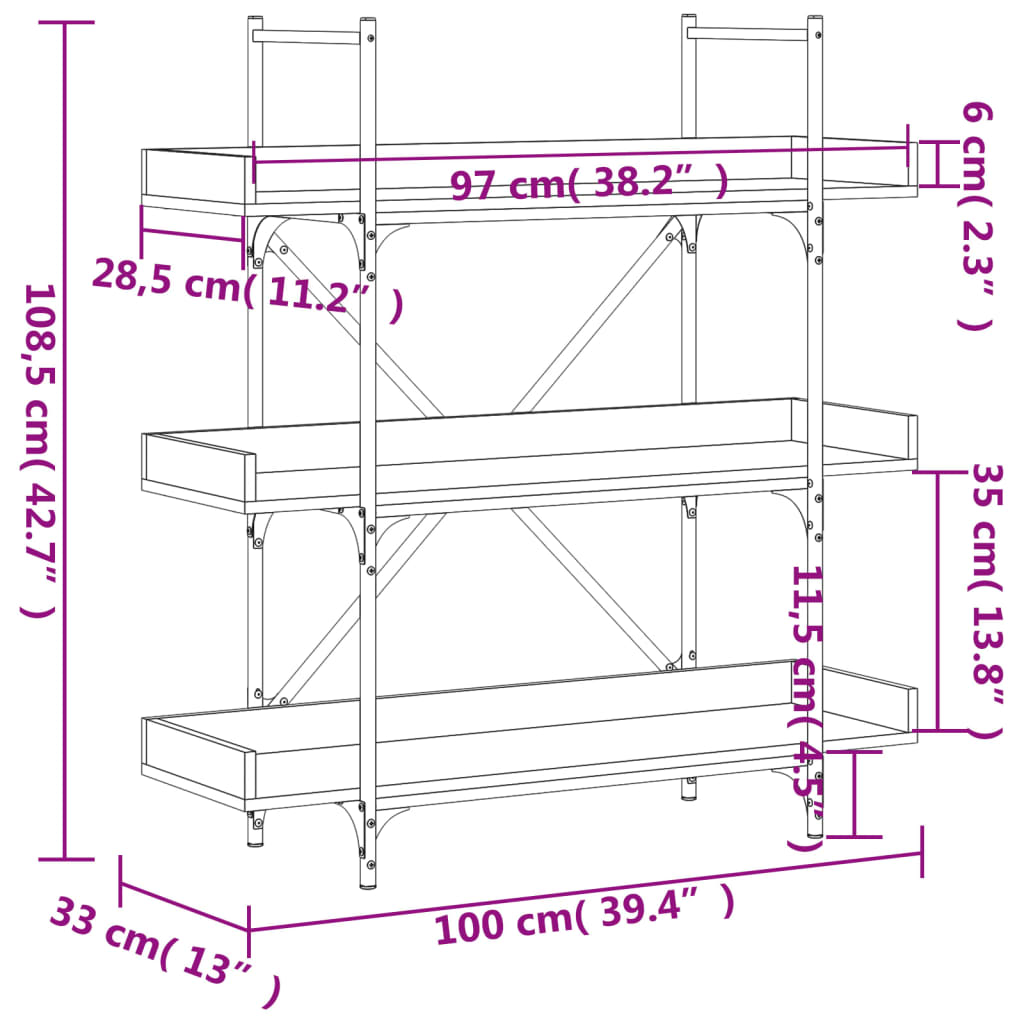 vidaXL Bookcase 3-Tier Brown Oak 100x33x108.5 cm Engineered Wood