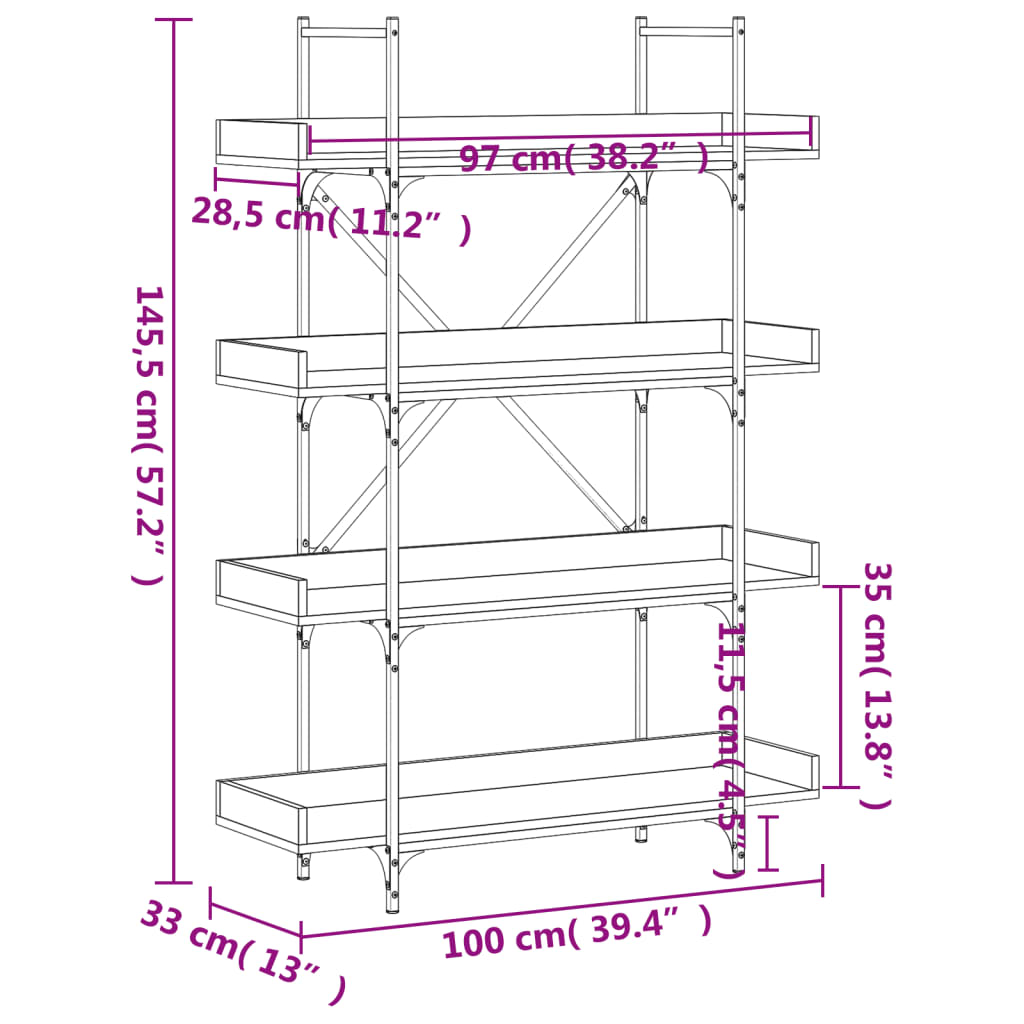vidaXL Bookcase 4-Tier Grey Sonoma 100x33x145.5 cm Engineered Wood